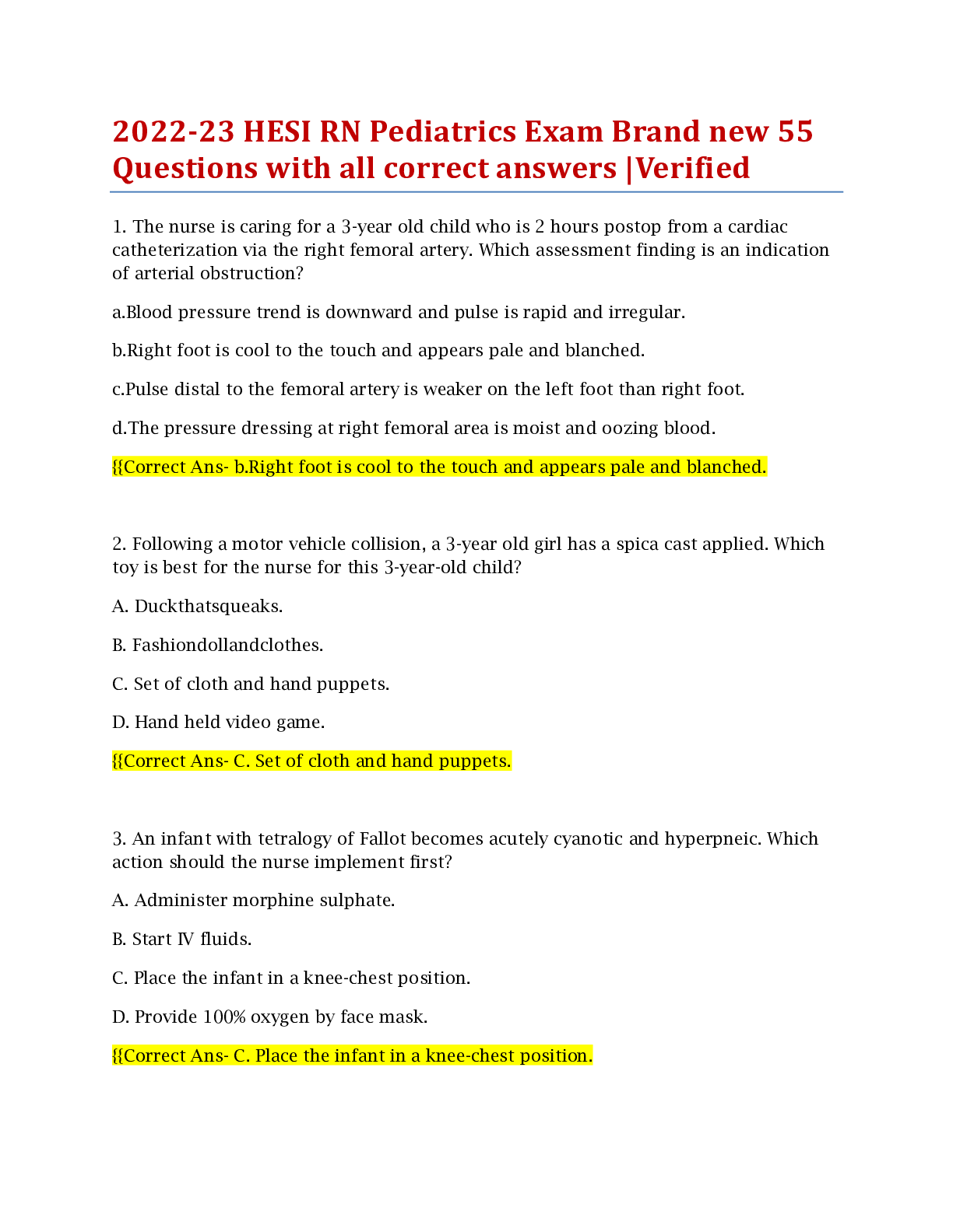 Preview image for 2022-23 HESI RN Pediatrics Exam Brand new 55 Questions with all correct answers |Verified